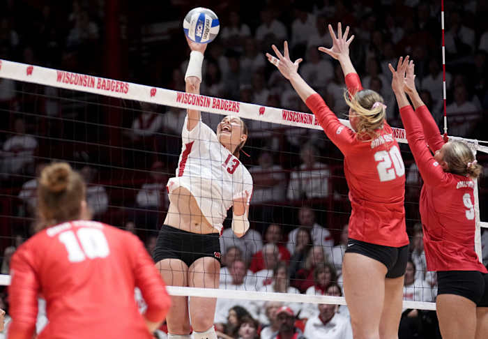 Wisconsin outside hitter Sarah Franklin (13) is shown during their volleyball match against Ohio State Wednesday, October 18, 2023 at the UW Field House in Madison, Wisconsin.